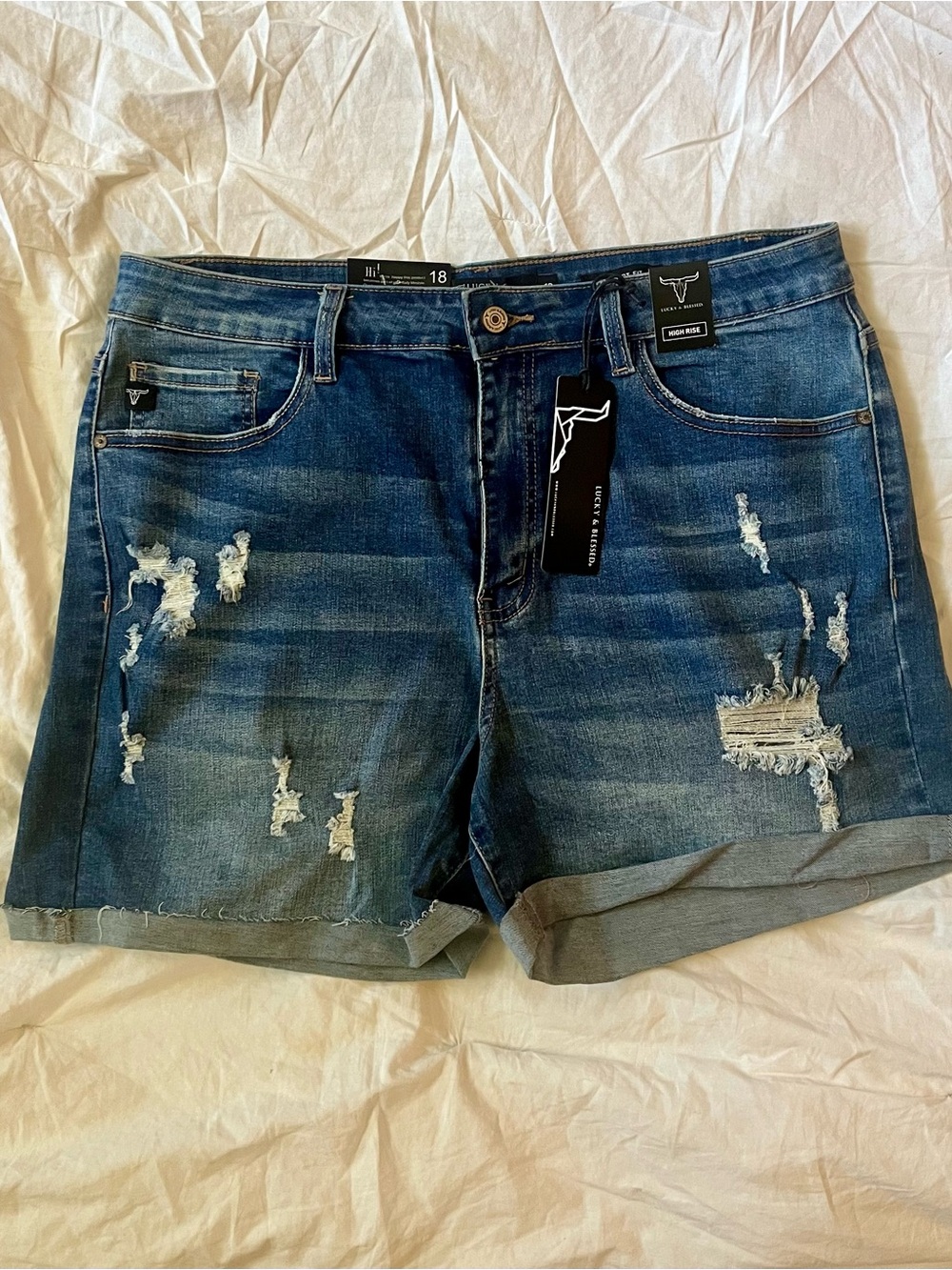 Lucky & Blessed Distressed Dark Blue Rolled Hem Jean Shorts